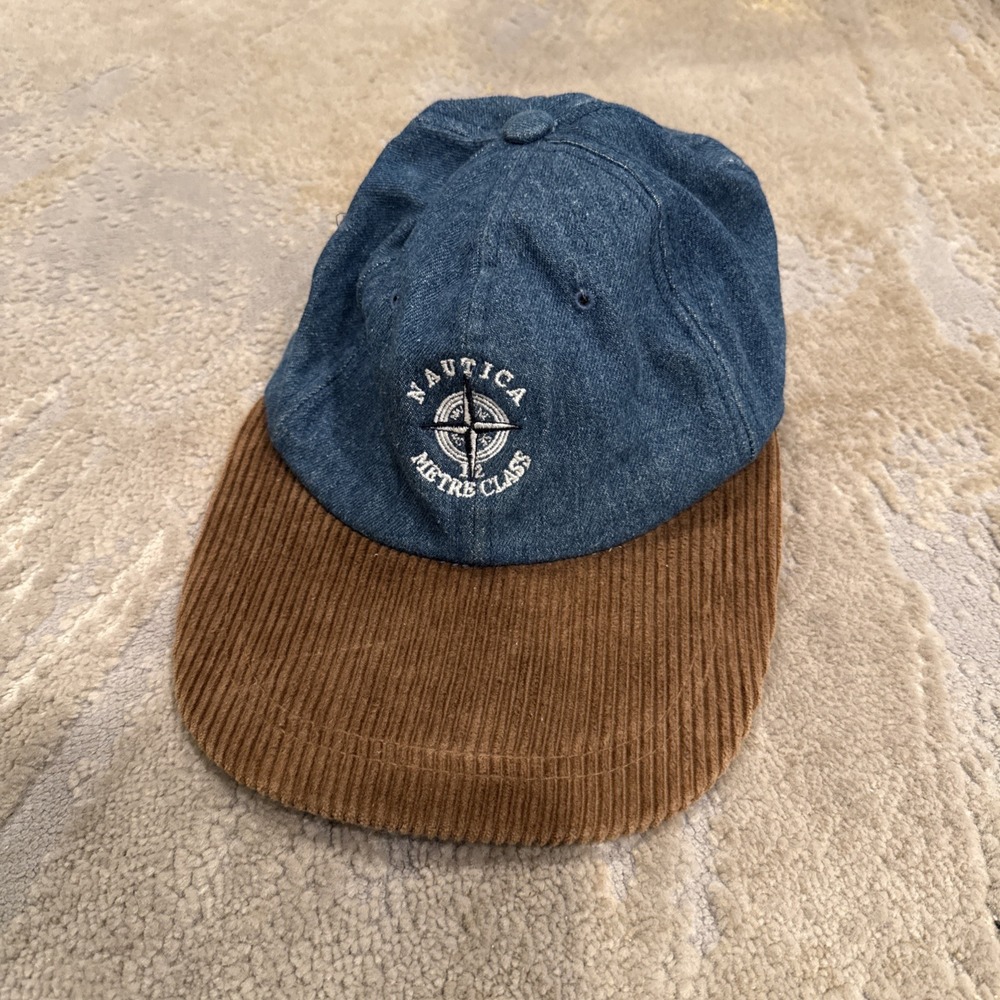 Vtg NAUTICA METRE CLASS DENIM CORDUROY SAILING STRAPBACK HAT